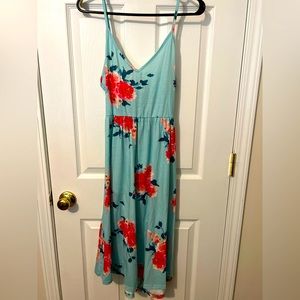 Teal floral summer dress with tie back and straps